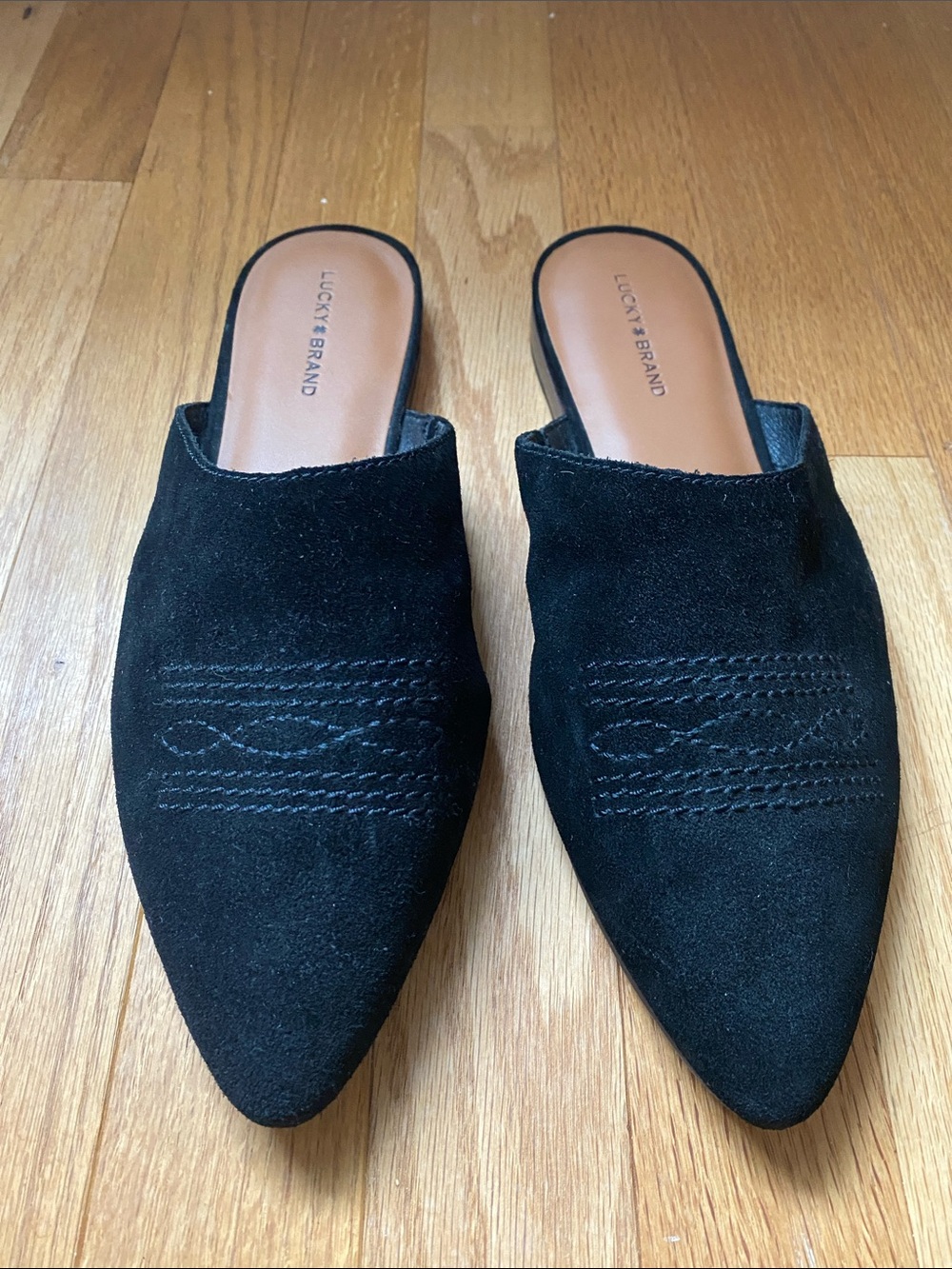 Lucky Brand Black Suede Pointed Mule Slides